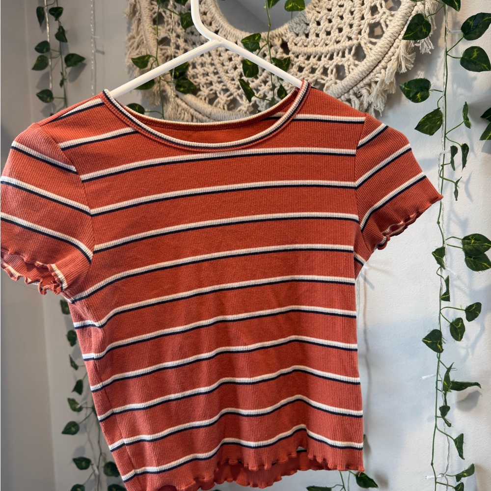 American Eagle Outfitters Orange and White Crop Fitted T-Shirt